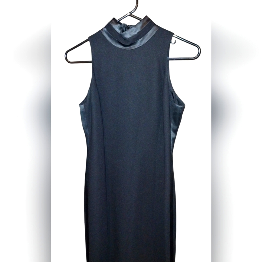 Jones New York black high neck shift dress, satin accents on neck and sides
